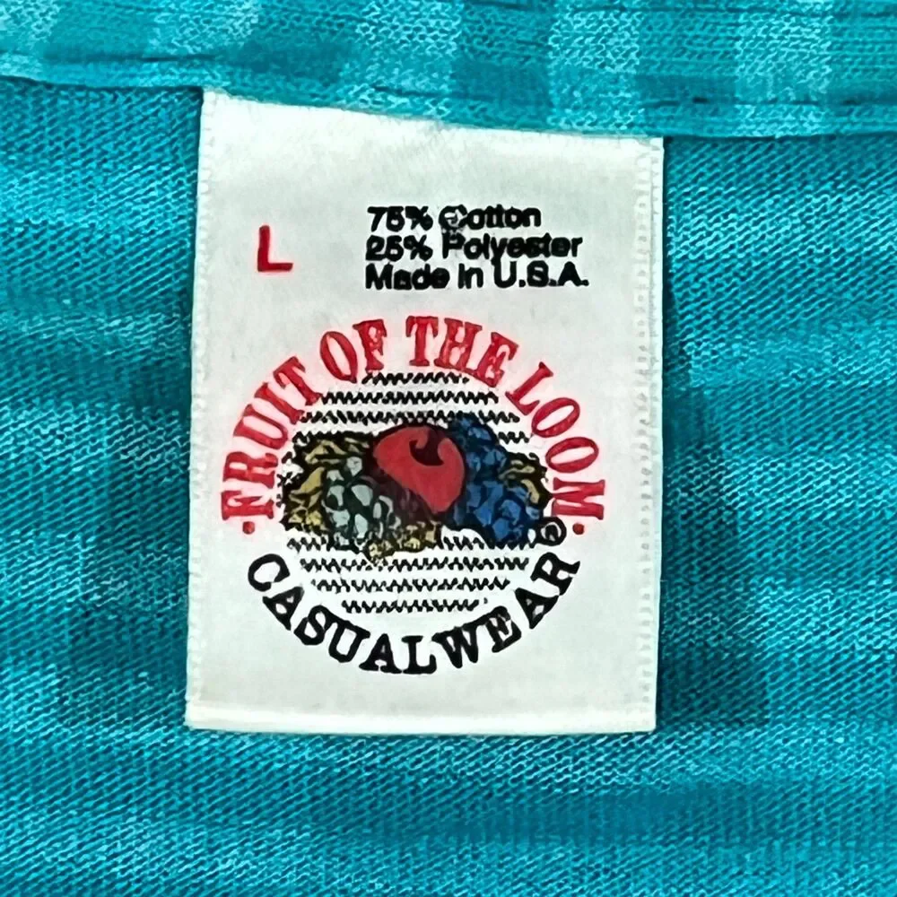 Vintage 80s Fruit Of The Loom Striped Shirt Teal Made in USA Single Stitch Large - Picture 3 of 6